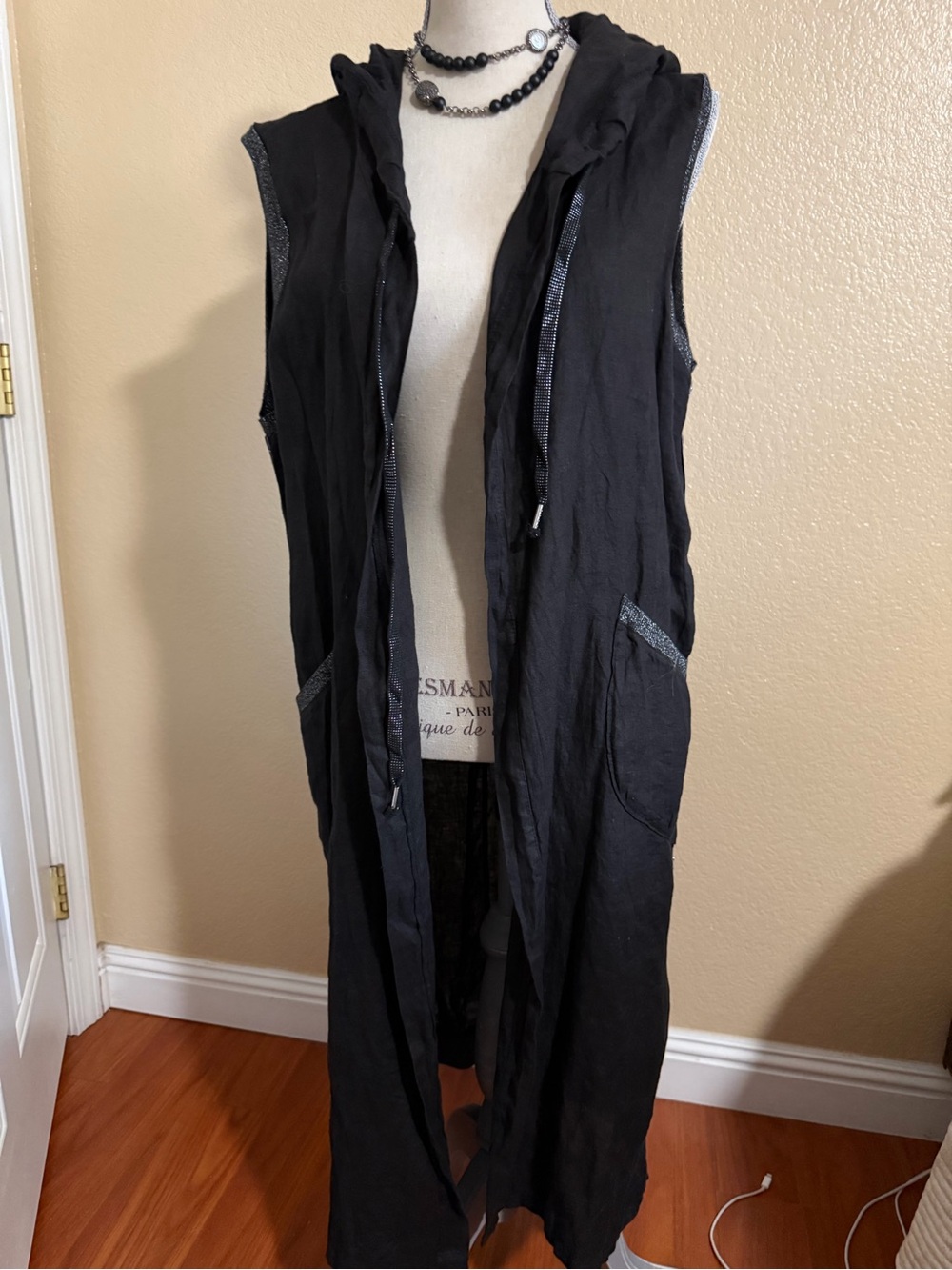 Italian Sleeveless Hooded Long Duster Vest - Black